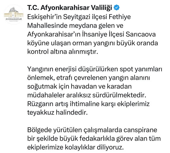 Afyonkarahisar'da Kontrol Altına Alınan Orman Yangını