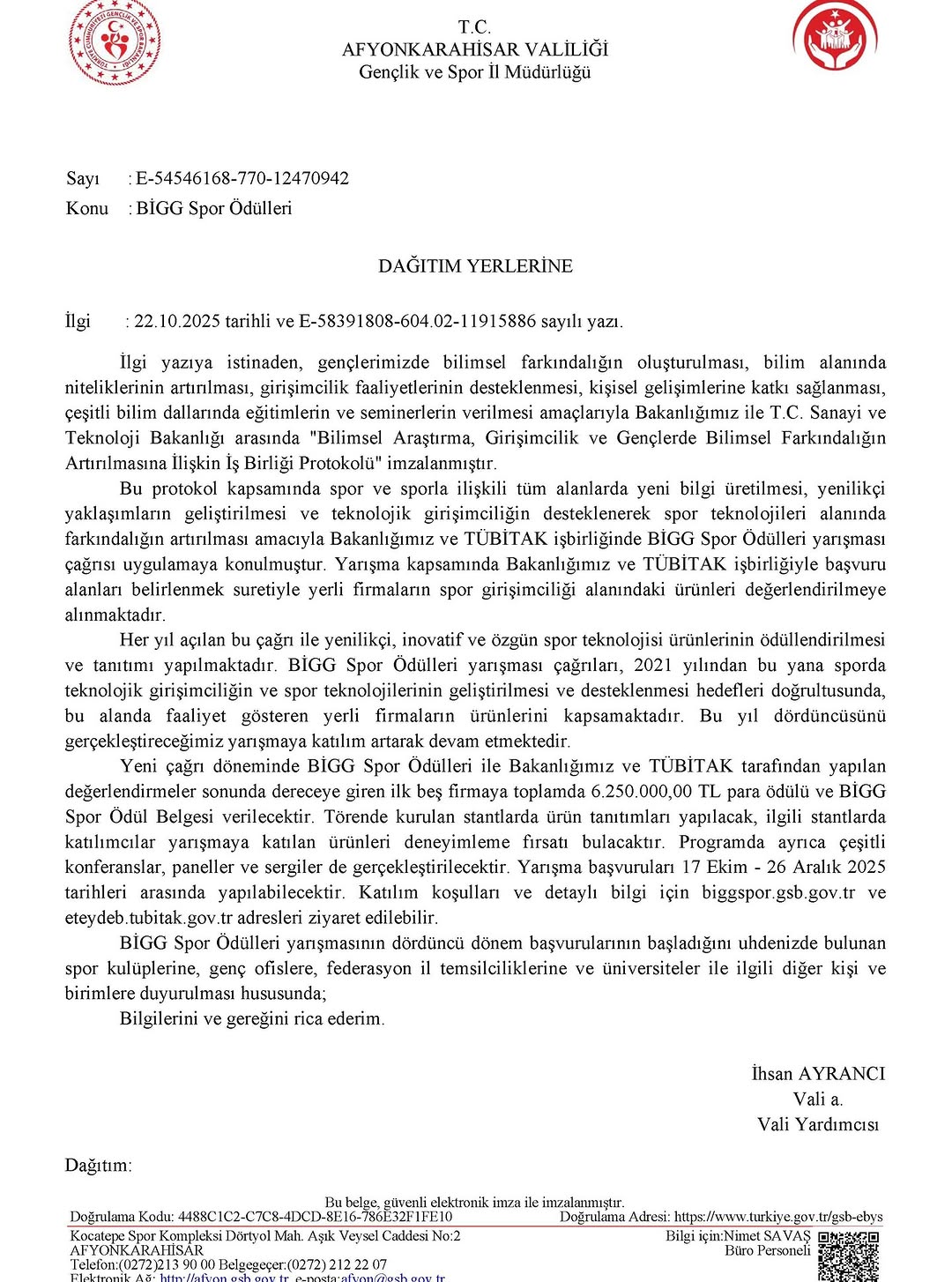 Afyonkarahisar Gençlik ve Spor İl Müdürlüğü'nden BİGG Spor Ödülleri Duyurusu